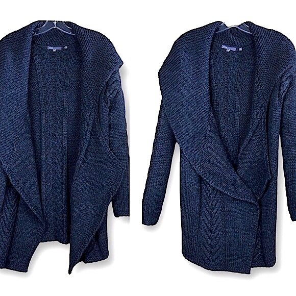 VINCE. Charcoal Gray Asymmetrical  Open Front Cardigan Sweater Cable Knit Sz XS - Picture 4 of 9
